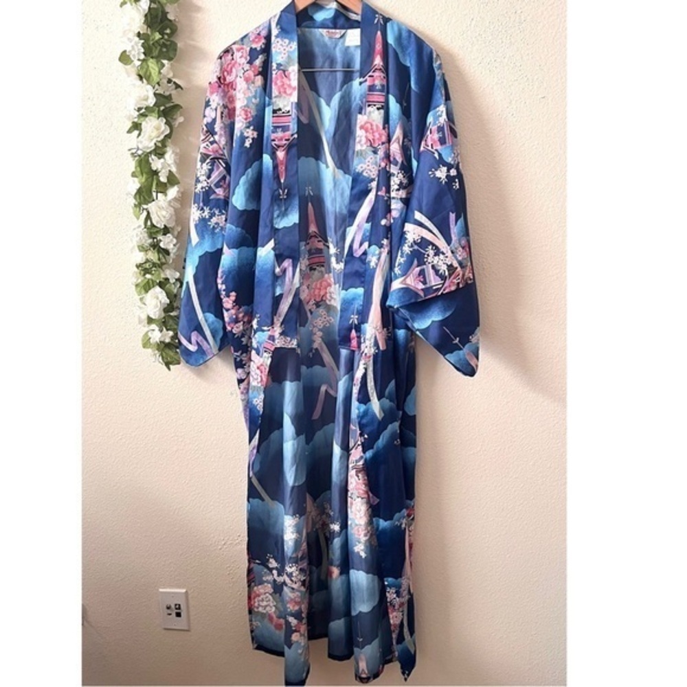 Vintage Marukyo Kyoto Japan 1960's Blue Floral Long Satin Kimono Robe